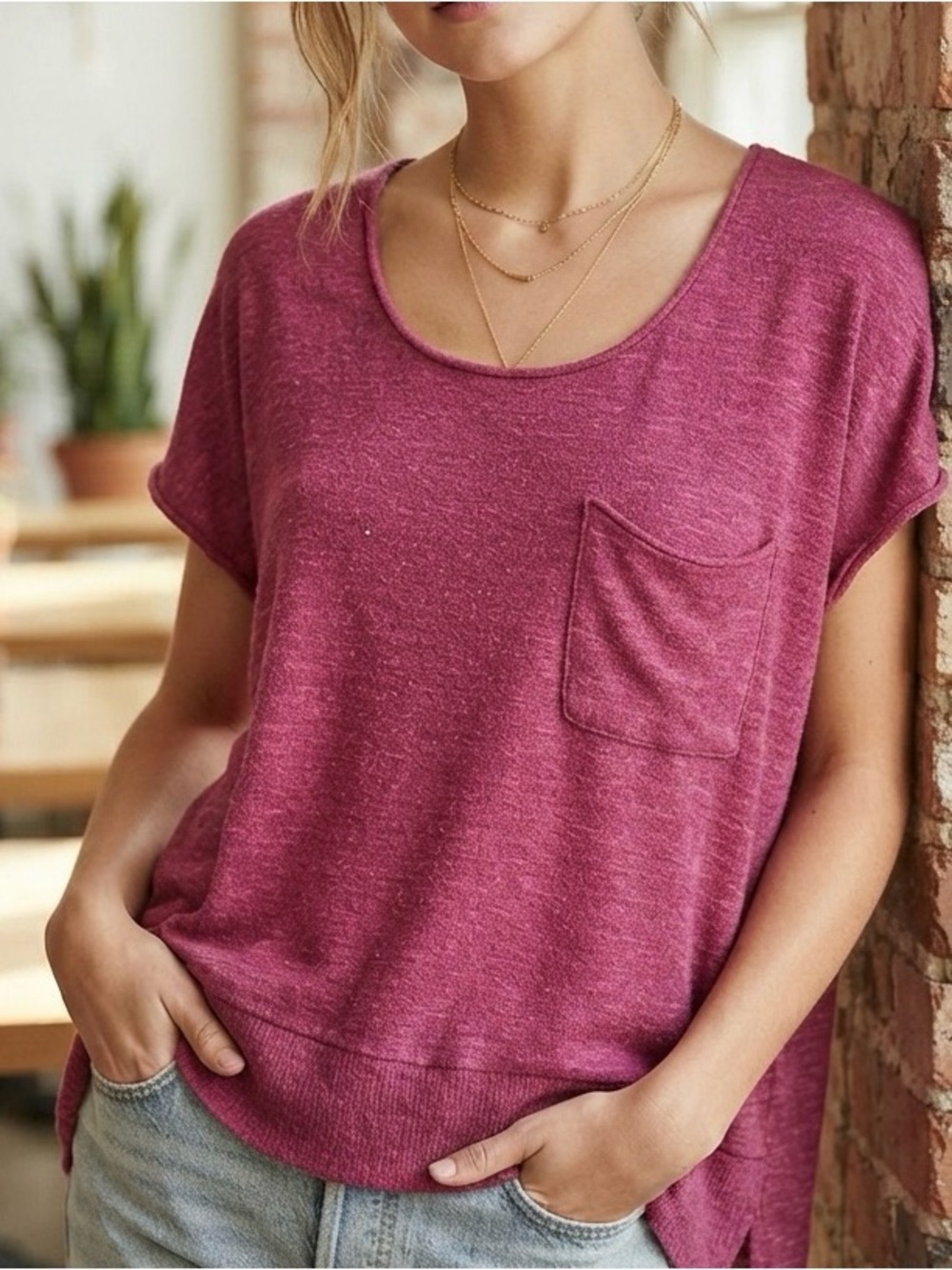 FP Beach by Free People Magenta Scoop Neck Tee w/pocket